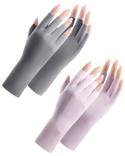 CULEB 2 Paar UV Shield Handschuhe Nägel,Maniküre Fingerlose Handschuhe,Professionelle UPF50+ Anti-UV Schutz Handschuh Ohne Fingerkuppen für Maniküre Nagellack Fitness Radfahren(Grau,Lila) von CULEB