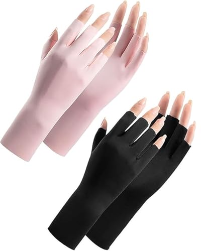 CULEB 2 Paar UV Shield Handschuhe Nägel,Maniküre Fingerlose Handschuhe,Professionelle UPF50+ Anti-UV Schutz Handschuh Ohne Fingerkuppen für Maniküre Nagellack Radfahren Fitness Angeln(Schwarz,Rosa) von CULEB