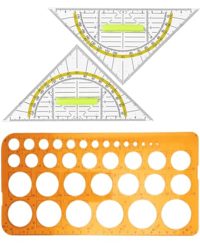 CULEB 2 Stück Geodreieck mit Griff 16 cm+1 Stück Kreis Schablone Vorlage mit 36 Kreisen,Transparente Zeichenvorlage,für Schule und Beruf von CULEB