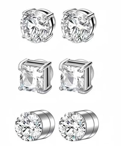CULEB 3 Paare Magnet Ohrringe Set,6 Mm Magnetische Ohrringe für Herren Mann Damen,Magnetische Ohrringes ohne Ohrloch,Silber,Rund/Quadratisch von CULEB