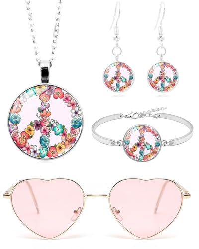 CULEB 4 Stück Hippie Kostüm Set,Hippie Accessoires Damen,60er 70er Jahre Hippie Kostüm Zubehör,Rosa Herz Sonnenbrille Peace Zeichen Halskette Ohrringe Armband für Halloween Fasching Karneval von CULEB