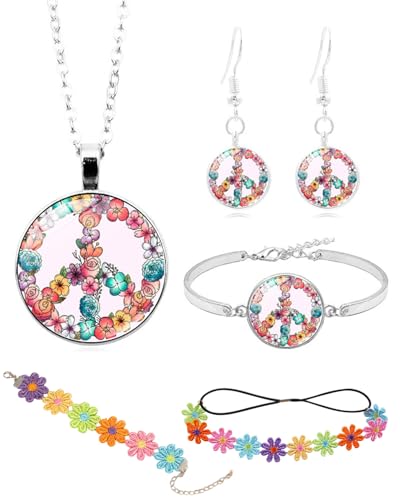 CULEB 5 Stück Hippie Kostüm Set,Hippie Accessoires Damen,60er 70er Jahre Hippie Kostüm Zubehör,Flower Power Accessoires, Peace Zeichen Halskette Ohrringe Armband,Gänseblümchen Kopfschmuck,Armband von CULEB