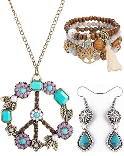 CULEB Boho Holzperlen Armband+Boho Halskette+Boho Ohrringe，7 Stück Boho Accessoires Hippie Accessoires Damen,Frauen Baum des Lebens Charm Statement Armreifen,Peace Zeichen Halskette von CULEB