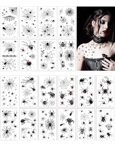 CULEB Temporäre Spinnen Tattoos,20 Gruselige Schwarze Spinnen Tattoos,Wasserfeste Tattoo Aufkleber,Karneval Gesichtstattoo Spinnweben Klebetattoos für Halloween Masquerade Karneval Fasching Party von CULEB