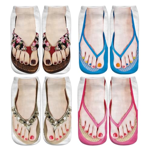 CULEO Fun-Socken, 4 Paar Socken mit Nailart-Print Damen-Flip-Flops-Socken lustige Flip-Flops-Socken lustige Flip-Flops-Socken bedruckte Sandalensocken von CULEO