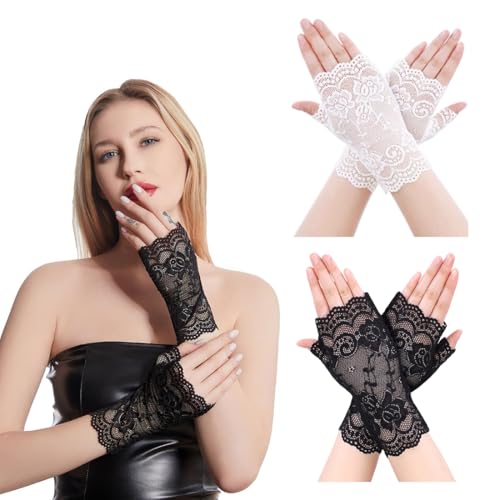 CULEO Handschuhe & Fäustlinge für Damen,2 Paar offene kurze Halbfinger-Spitzenhandschuhe für Damen von CULEO
