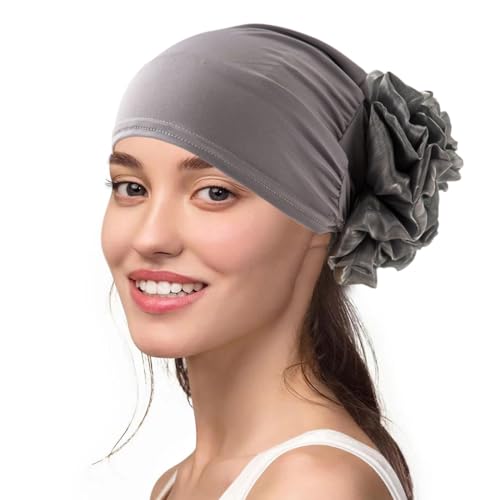 CULEO Kopftücher für Damen, 1 Stück Damen-Kopftuch mit großer Blume muslimisches Kopftuch mit Blume Krebs-Chemotherapie-Kappe Anti-Haarausfall-Abdeckkappe Blumen-Kopftuch-Mütze (grau) von CULEO