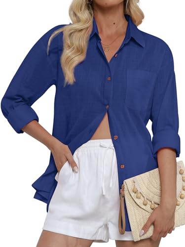 CUNLIN Damen Button Down Shirts Gaze Baumwolle Strandkleidung Langarmshirt für Frauen mit Fronttasche, 50086_blue, Klein von CUNLIN