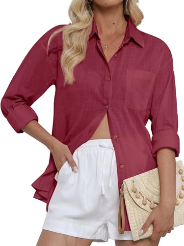 CUNLIN Damen Button Down Shirts Gaze Baumwolle Strandkleidung Langarmshirt für Frauen mit Fronttasche, 50086_burgundy, Klein von CUNLIN