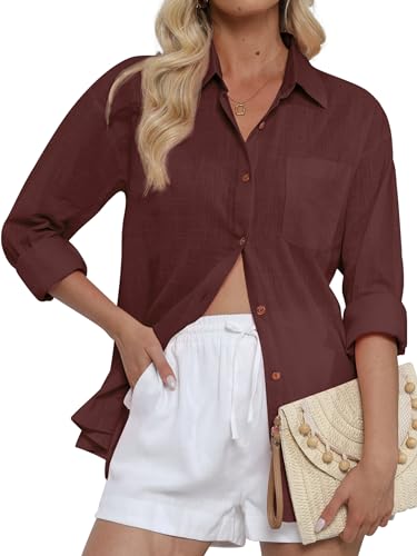 CUNLIN Damen Button Down Shirts Gaze Baumwolle Strandkleidung Langarmshirt für Frauen mit Fronttasche, 50086_maroon, Klein von CUNLIN
