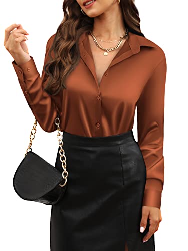 CUNLIN Damenhemd, weich, Satin, Seide, Knopfleiste, seidig, langärmelig, Arbeitshemd, Kleid, Blusen, Tops, 935_coffee, X-Groß von CUNLIN