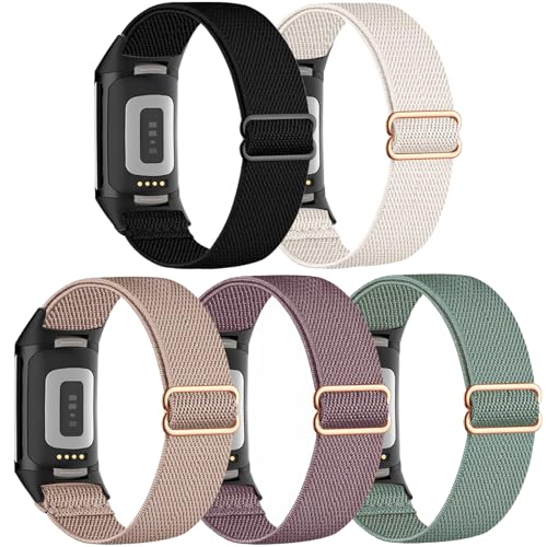 CUNUJIX 5 Stück Elastisch Nylon Armband Ersatz für Fitbit Charge 6 / Charge 5, Dehnbare Loop Gewebe Ersatzband für Fitbit Charge 6 / Charge 5 Damen Herren von CUNUJIX