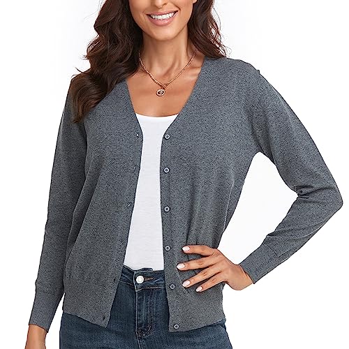 CUNYI Cardigan für Damen V-Ausschnitt Langarm Pullover mit Knöpfen Strickmantel Elegant, Grau M von CUNYI