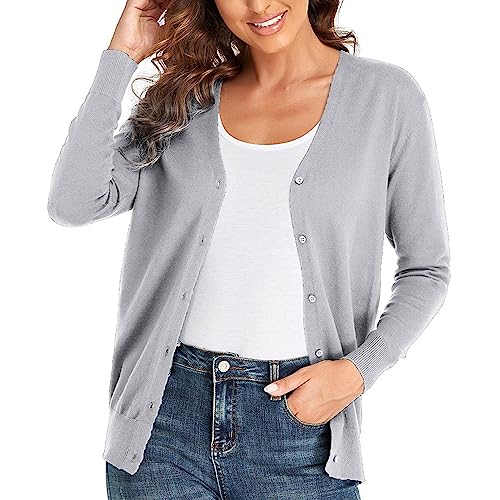 CUNYI Cardigan für Damen V-Ausschnitt Langarm Pullover mit Knöpfen Strickmantel Elegant, Hellgrau L von CUNYI