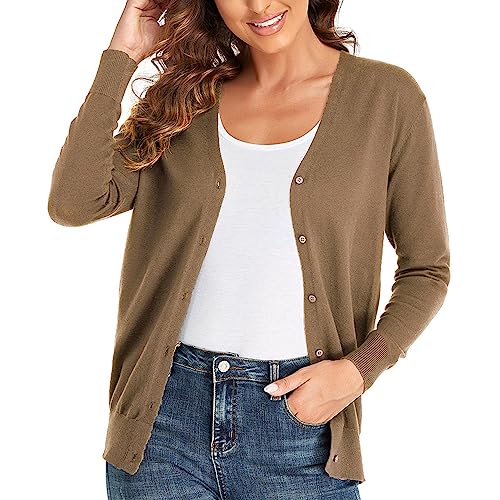 CUNYI Cardigan für Damen V-Ausschnitt Langarm Pullover mit Knöpfen Strickmantel Elegant, Khaki L von CUNYI