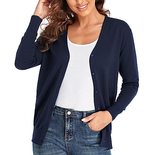 CUNYI Cardigan für Damen V-Ausschnitt Langarm Pullover mit Knöpfen Strickmantel Elegant, Marine Blau L von CUNYI