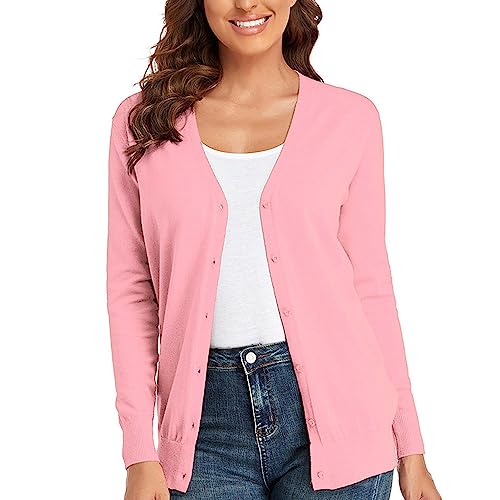 CUNYI Cardigan für Damen V-Ausschnitt Langarm Pullover mit Knöpfen Strickmantel Elegant, Rosa L von CUNYI