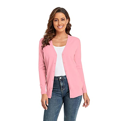 CUNYI Cardigan für Damen V-Ausschnitt Langarm Pullover mit Knöpfen Strickmantel Elegant, Rosa M von CUNYI