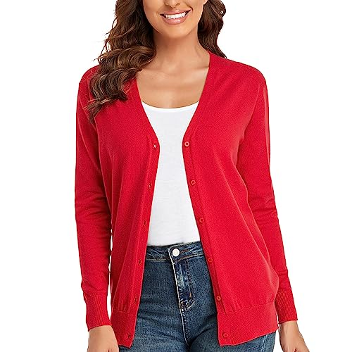 CUNYI Cardigan für Damen V-Ausschnitt Langarm Pullover mit Knöpfen Strickmantel Elegant, Rot L von CUNYI