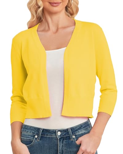 CUNYI Damen Bolero 3/4 Ärmel Strickjacke V-Ausschnitt Kurz Cardigan Leichter Elegant Casual Basic, Gelb S von CUNYI