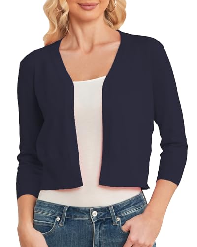 CUNYI Damen Bolero 3/4 Ärmel Strickjacke V-Ausschnitt Kurz Cardigan Leichter Elegant Casual Basic, Marine L von CUNYI