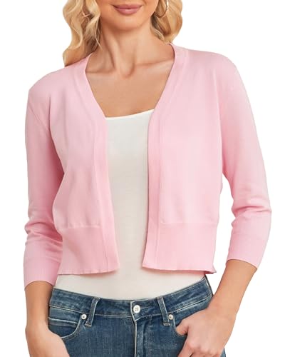 CUNYI Damen Bolero 3/4 Ärmel Strickjacke V-Ausschnitt Kurz Cardigan Leichter Elegant Casual Basic, Rosa M von CUNYI