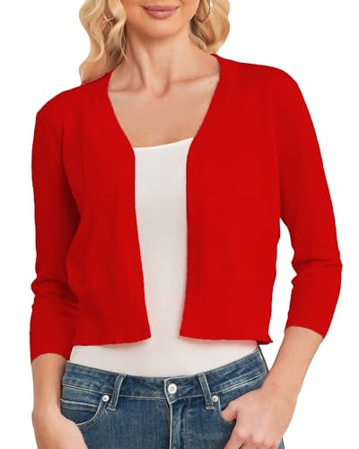 CUNYI Damen Bolero 3/4 Ärmel Strickjacke V-Ausschnitt Kurz Cardigan Leichter Elegant Casual Basic, Rot XXL von CUNYI