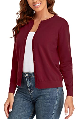 CUNYI Damen Crew Neck Cardigan Langarm Knopf Pullover Mantel Elegant, weinrot, Klein von CUNYI