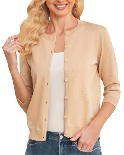 CUNYI Damen Strickjacke 3/4 Ärmel Cardigan Kurz Pullover Leichter Casual Basic Knitted Strickmantel mit Knöpfen, Aprikose S von CUNYI