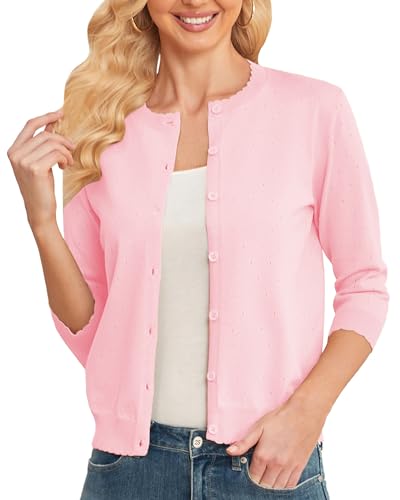 CUNYI Damen Strickjacke 3/4 Ärmel Cardigan Kurz Pullover Leichter Casual Basic Knitted Strickmantel mit Knöpfen, Rosa L von CUNYI