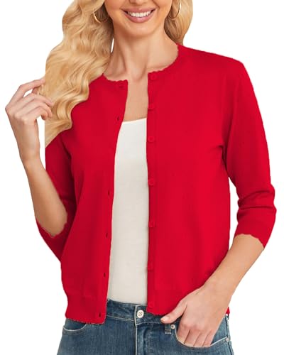 CUNYI Damen Strickjacke 3/4 Ärmel Cardigan Kurz Pullover Leichter Casual Basic Knitted Strickmantel mit Knöpfen, Rot L von CUNYI