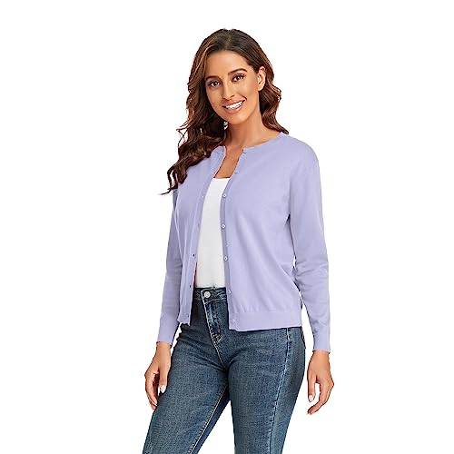 CUNYI Damen Strickjacke Pullover Langarm Klassisch Rundhals Damen Mantel mit Knöpfen Lässig Elegante Oberbekleidung, Helles Lila S von CUNYI