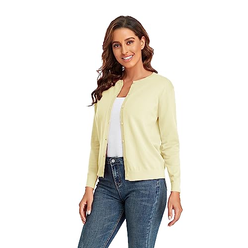 CUNYI Damen Strickjacke Pullover Langarm Klassisch Rundhals Damen Mantel mit Knöpfen Lässig Elegante Oberbekleidung, Hellgelb M von CUNYI