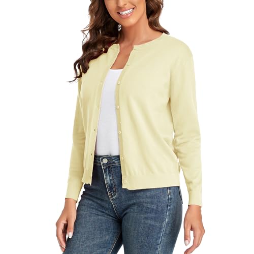 CUNYI Damen Strickjacke Pullover Langarm Klassisch Rundhals Damen Mantel mit Knöpfen Lässig Elegante Oberbekleidung, Hellgelb XXL von CUNYI