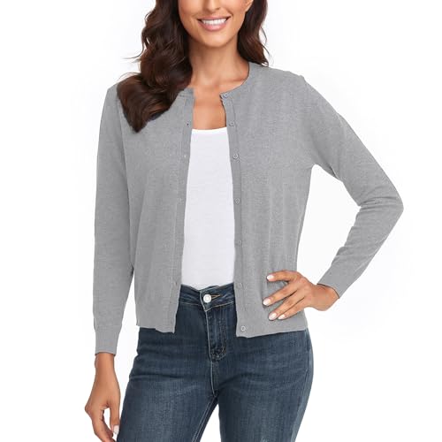 CUNYI Damen Strickjacke Pullover Langarm Klassisch Rundhals Damen Mantel mit Knöpfen Lässig Elegante Oberbekleidung, Hellgrau XXL von CUNYI
