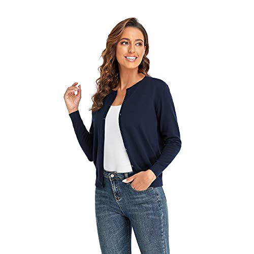 CUNYI Damen Strickjacke Pullover Langarm Klassisch Rundhals Damen Mantel mit Knöpfen Lässig Elegante Oberbekleidung, Marine Blau M von CUNYI