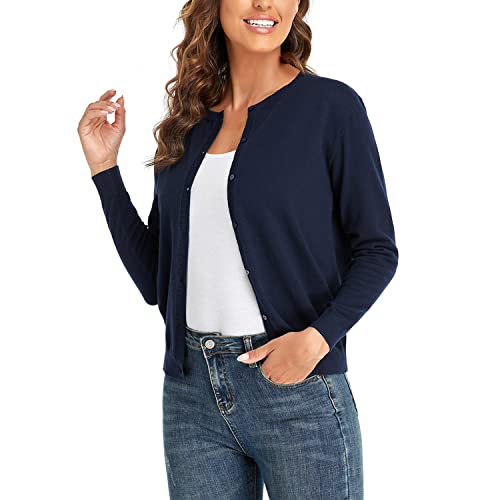 CUNYI Damen Strickjacke Pullover Langarm Klassisch Rundhals Damen Mantel mit Knöpfen Lässig Elegante Oberbekleidung, Marine Blau XL von CUNYI