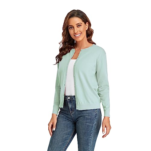 CUNYI Damen Strickjacke Pullover Langarm Klassisch Rundhals Damen Mantel mit Knöpfen Lässig Elegante Oberbekleidung, Minzgrün XL von CUNYI