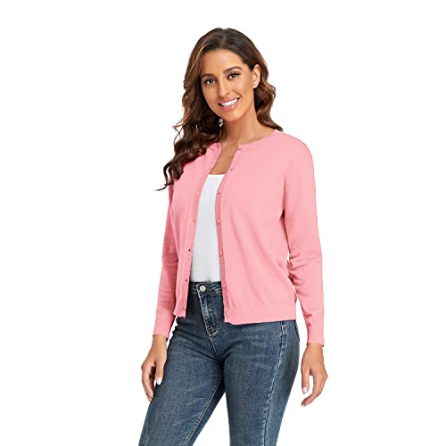 CUNYI Damen Strickjacke Pullover Langarm Klassisch Rundhals Damen Mantel mit Knöpfen Lässig Elegante Oberbekleidung, Rosa L von CUNYI