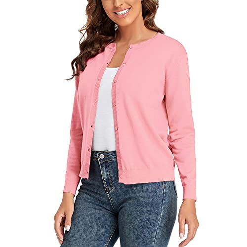 CUNYI Damen Strickjacke Pullover Langarm Klassisch Rundhals Damen Mantel mit Knöpfen Lässig Elegante Oberbekleidung, Rosa XL von CUNYI