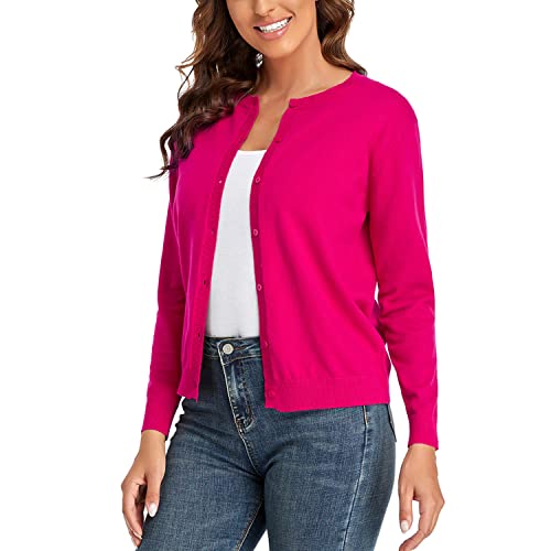 CUNYI Damen Strickjacke Pullover Langarm Klassisch Rundhals Damen Mantel mit Knöpfen Lässig Elegante Oberbekleidung, Rosarot XL von CUNYI