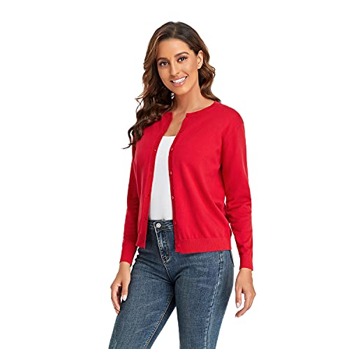 CUNYI Damen Strickjacke Pullover Langarm Klassisch Rundhals Damen Mantel mit Knöpfen Lässig Elegante Oberbekleidung, Rot L von CUNYI