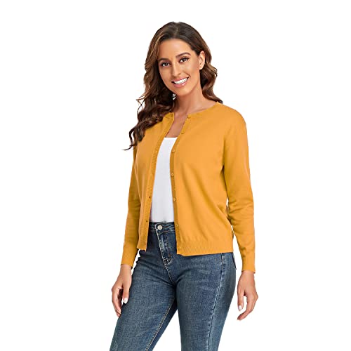 CUNYI Damen Strickjacke Pullover Langarm Klassisch Rundhals Damen Mantel mit Knöpfen Lässig Elegante Oberbekleidung, Senf M von CUNYI