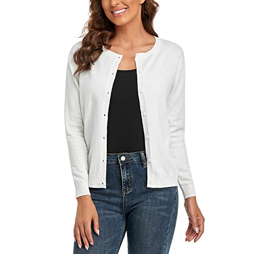 CUNYI Damen Strickjacke Pullover Langarm Klassisch Rundhals Damen Mantel mit Knöpfen Lässig Elegante Oberbekleidung, Gebrochenes Weiß XL von CUNYI