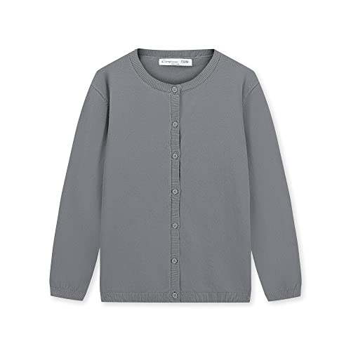 CUNYI Mädchen Rundhals-Strickjacke Leichter Baumwoll-Strickpullover zum Knöpfen mit Knöpfen Schuluniform Lässiger süßer Mantel Oberbekleidung, Dunkelgrau 150 von CUNYI