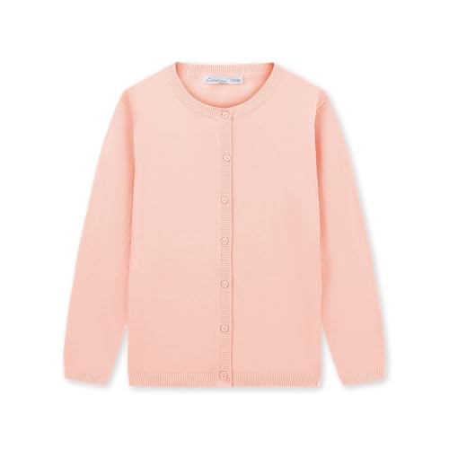 CUNYI Mädchen Rundhals-Strickjacke Leichter Baumwoll-Strickpullover zum Knöpfen mit Knöpfen Schuluniform Lässiger süßer Mantel Oberbekleidung, Hell-Pink 140 von CUNYI