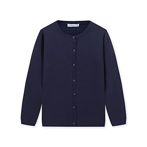 CUNYI Mädchen Rundhals-Strickjacke Leichter Baumwoll-Strickpullover zum Knöpfen mit Knöpfen Schuluniform Lässiger süßer Mantel Oberbekleidung, Marineblau 130 von CUNYI