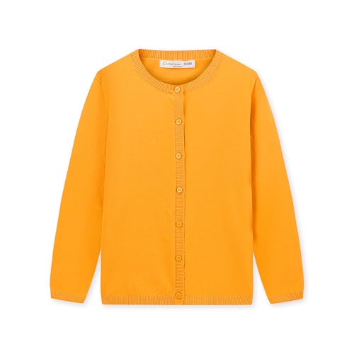 CUNYI Mädchen Rundhals-Strickjacke Leichter Baumwoll-Strickpullover zum Knöpfen mit Knöpfen Schuluniform Lässiger süßer Mantel Oberbekleidung, Senf 150 von CUNYI