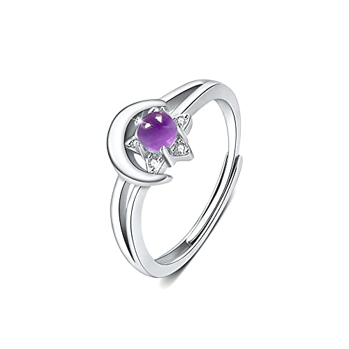 Amethyst Ring 925 Sterling Silber Mond und Stern Ring Verstellbarer Offener Ring Amethyst Ring Weihnachts Geschenk für Damen/Mädchen/Mutter/Tochter von CUOKA MIRACLE