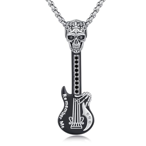CUOKA MIRACLE 925 Sterling Silber Urnen halskette für Asche Andenken für Haustierasche Cremation Schmuck Anhänge Asche Urne Kette (01-Gitarren Totenkopf) von CUOKA MIRACLE